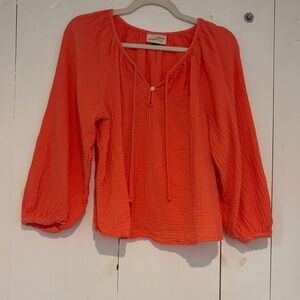 Coral cotton long sleeve split neck blouse 100% cotton